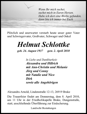 Traueranzeige von Helmut Schlottke von Nordwest-Zeitung