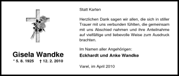 Traueranzeige von Gisela Wandke von Nordwest-Zeitung