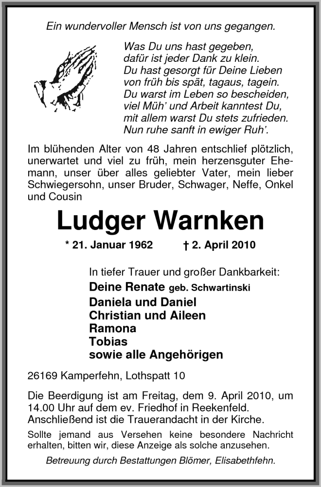  Traueranzeige für Ludger Warnken vom 07.04.2010 aus Nordwest-Zeitung