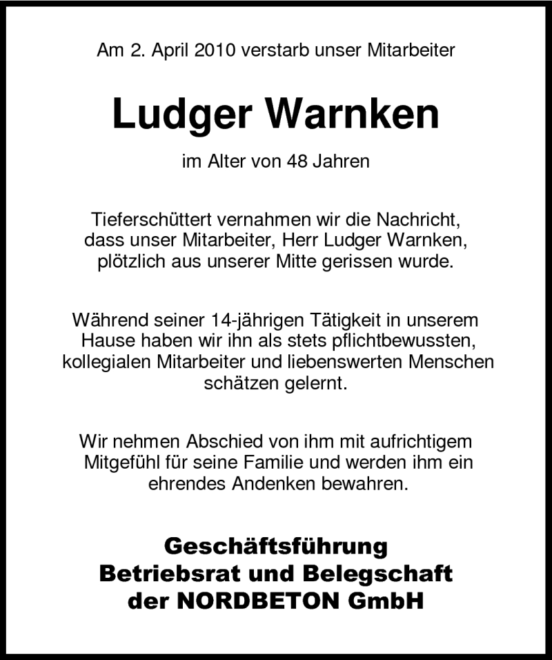  Traueranzeige für Ludger Warnken vom 07.04.2010 aus Nordwest-Zeitung