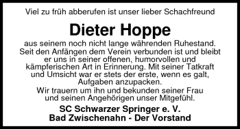 Traueranzeige von Dieter Hoppe von Nordwest-Zeitung