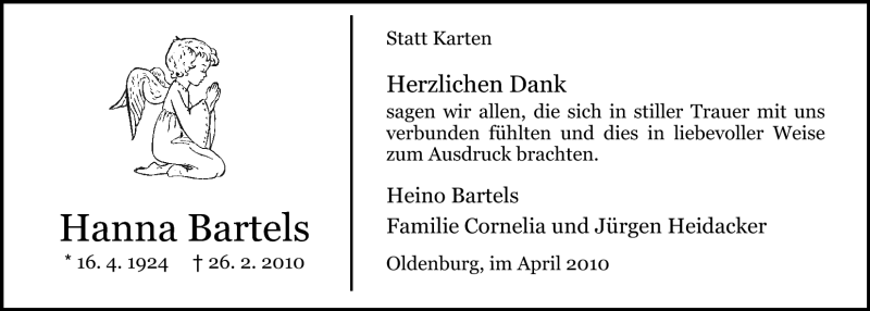  Traueranzeige für Hanna Bartels vom 08.04.2010 aus Nordwest-Zeitung