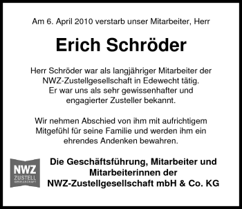 Traueranzeige von Erich Schröder von Nordwest-Zeitung