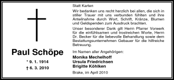 Traueranzeige von Paul Schöpe von Nordwest-Zeitung