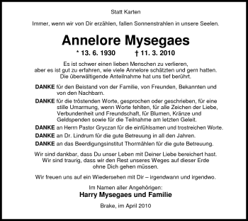 Traueranzeige von Annelore Mysegaes von Nordwest-Zeitung