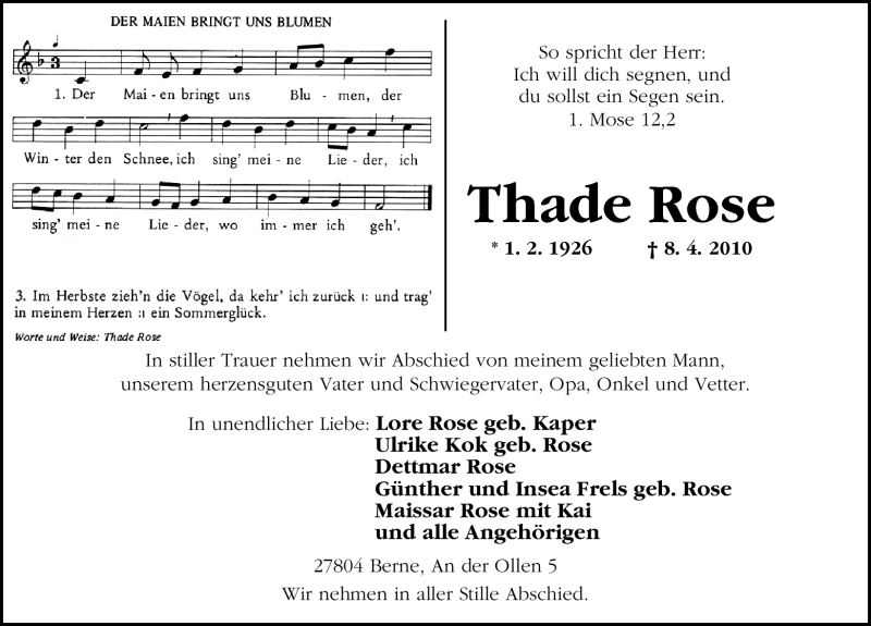  Traueranzeige für Thade Rose vom 10.04.2010 aus Nordwest-Zeitung