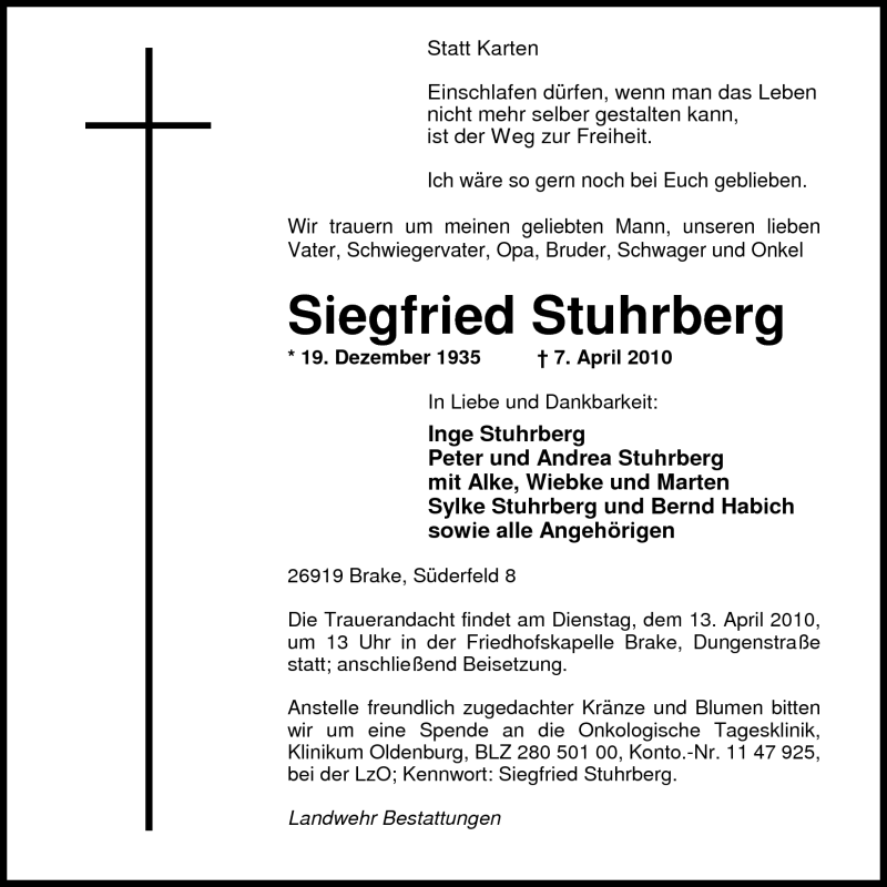 Traueranzeige für Siegfried Stuhrberg vom 10.04.2010 aus Nordwest-Zeitung
