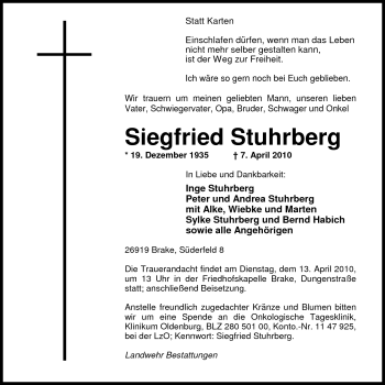 Traueranzeige von Siegfried Stuhrberg von Nordwest-Zeitung