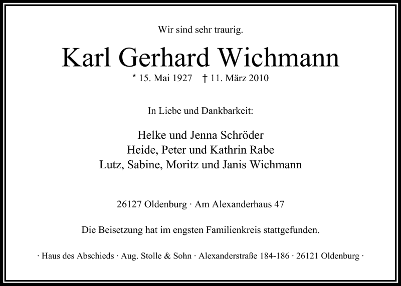  Traueranzeige für Karl Gerhard Wichmann vom 10.04.2010 aus Nordwest-Zeitung