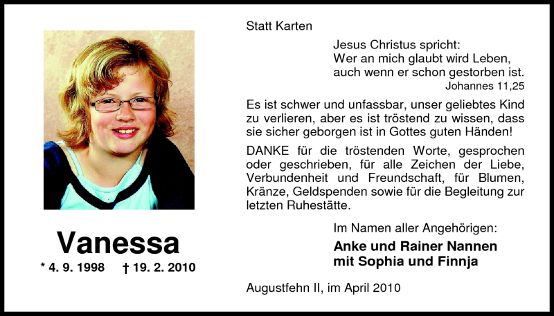  Traueranzeige für Vanessa Nannen vom 10.04.2010 aus Nordwest-Zeitung