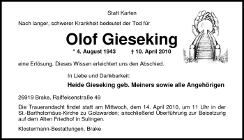 Traueranzeige von Olof Gieseking von Nordwest-Zeitung