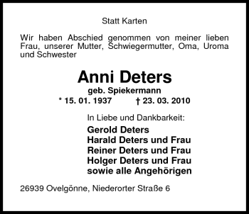 Traueranzeige von Anni Deters von Nordwest-Zeitung