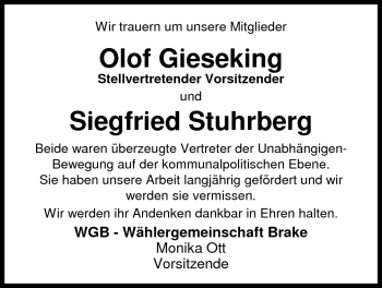 Traueranzeige von Olof Gieseking von Nordwest-Zeitung