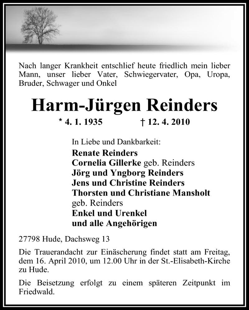  Traueranzeige für Harm-Jürgen Reinders vom 13.04.2010 aus Nordwest-Zeitung