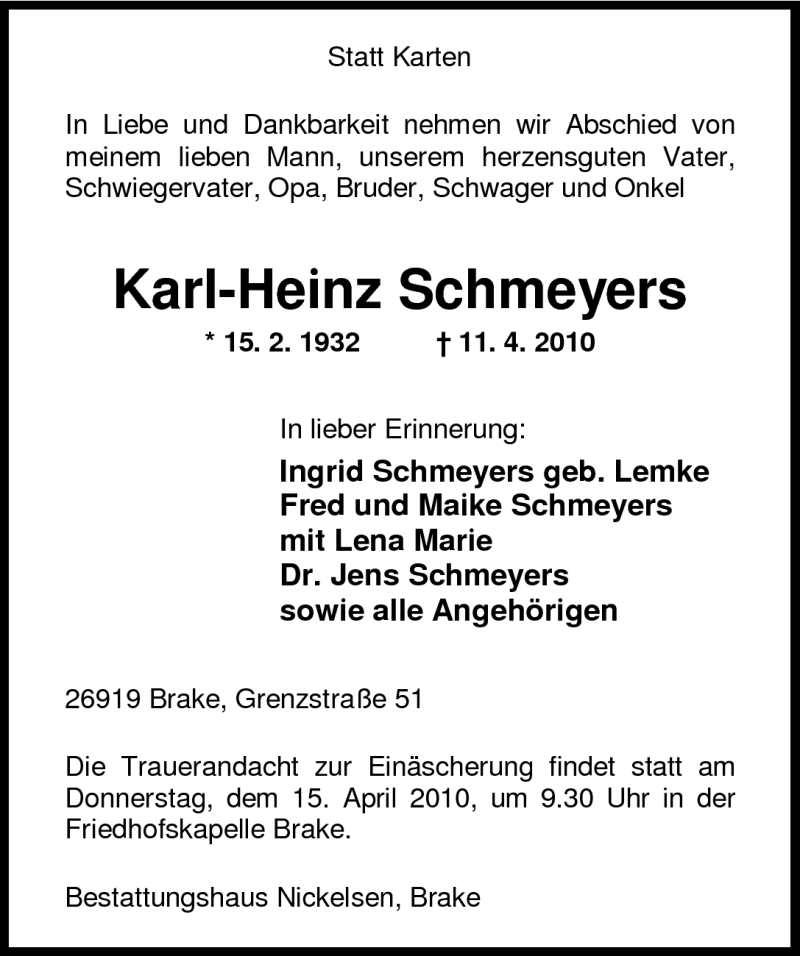  Traueranzeige für Karl-Heinz Schmeyers vom 13.04.2010 aus Nordwest-Zeitung