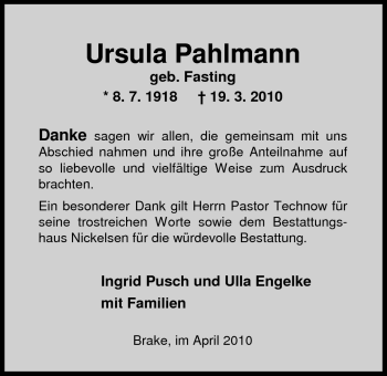 Traueranzeige von Ursula Pahlmann von Nordwest-Zeitung