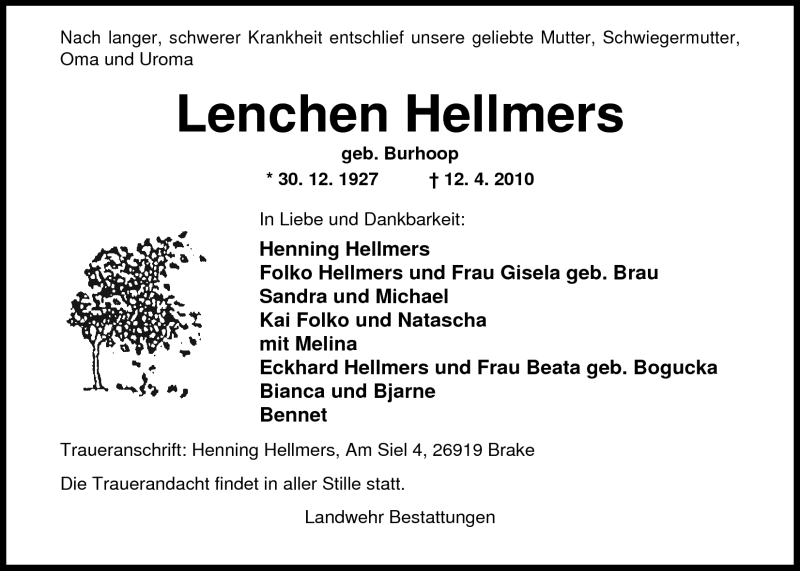  Traueranzeige für Lenchen Hellmers vom 15.04.2010 aus Nordwest-Zeitung