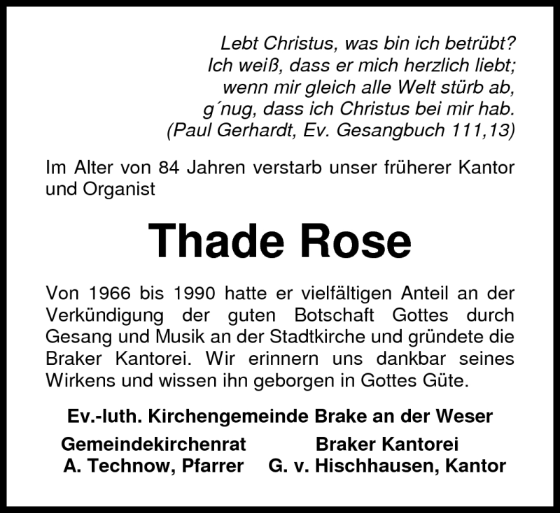  Traueranzeige für Thade Rose vom 15.04.2010 aus Nordwest-Zeitung