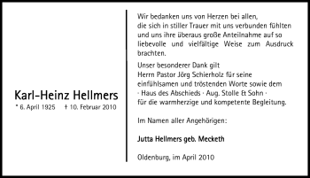 Traueranzeige von Karl-Heinz Hellmers von Nordwest-Zeitung