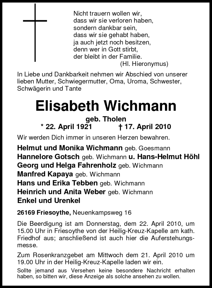  Traueranzeige für Elisabeth Wichmann vom 20.04.2010 aus Nordwest-Zeitung