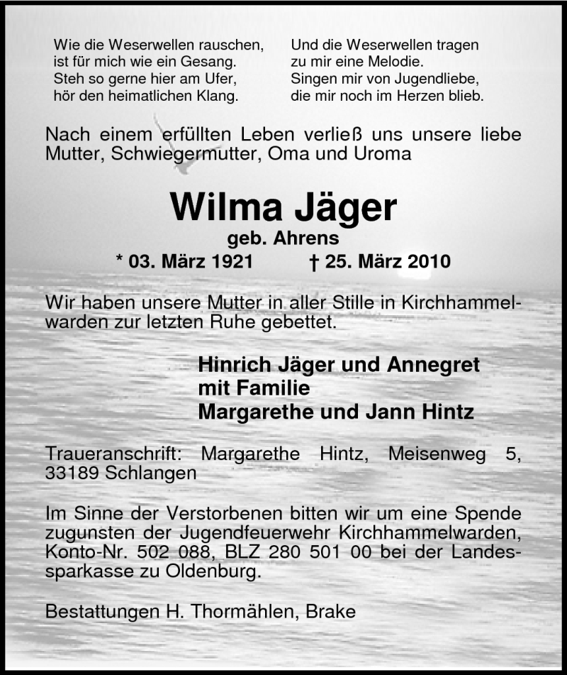  Traueranzeige für Wilma Jäger vom 21.04.2010 aus Nordwest-Zeitung