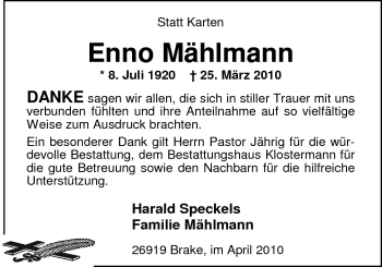 Traueranzeige von Enno Mählmann von Nordwest-Zeitung