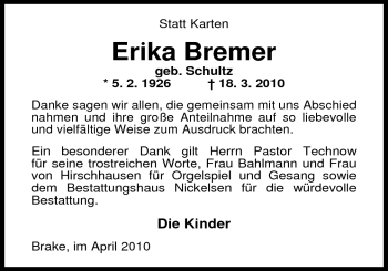 Traueranzeige von Erika Bremer von Nordwest-Zeitung