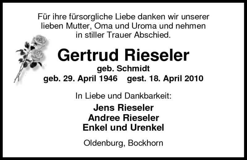  Traueranzeige für Gertrud Rieseler vom 24.04.2010 aus Nordwest-Zeitung