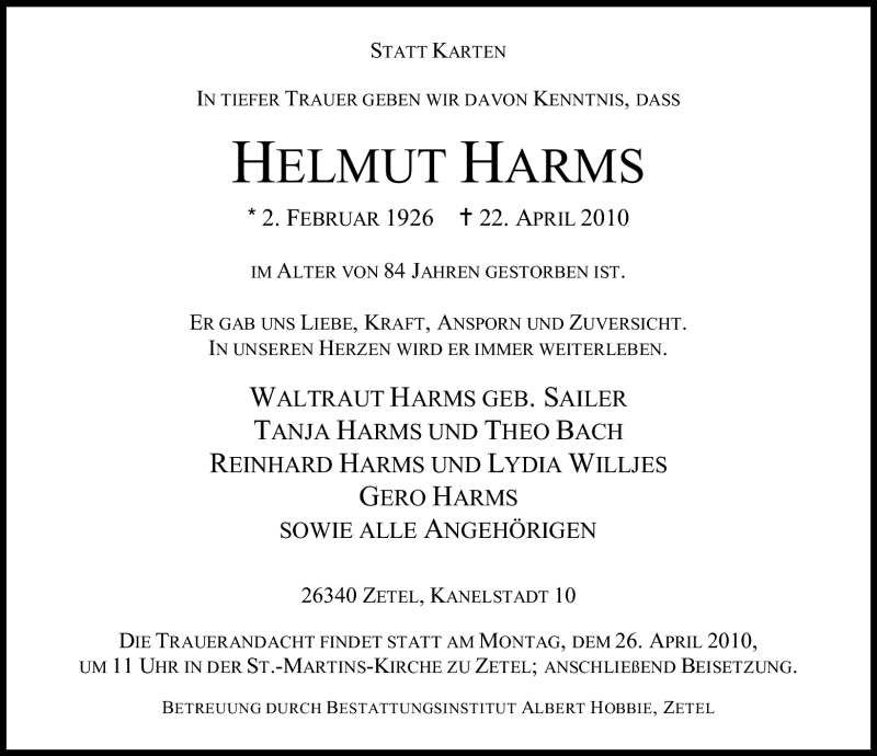  Traueranzeige für Helmut Harms vom 23.04.2010 aus Nordwest-Zeitung