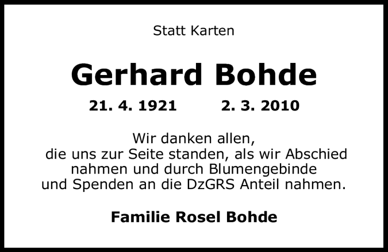  Traueranzeige für Gerhard Bohde vom 24.04.2010 aus Nordwest-Zeitung