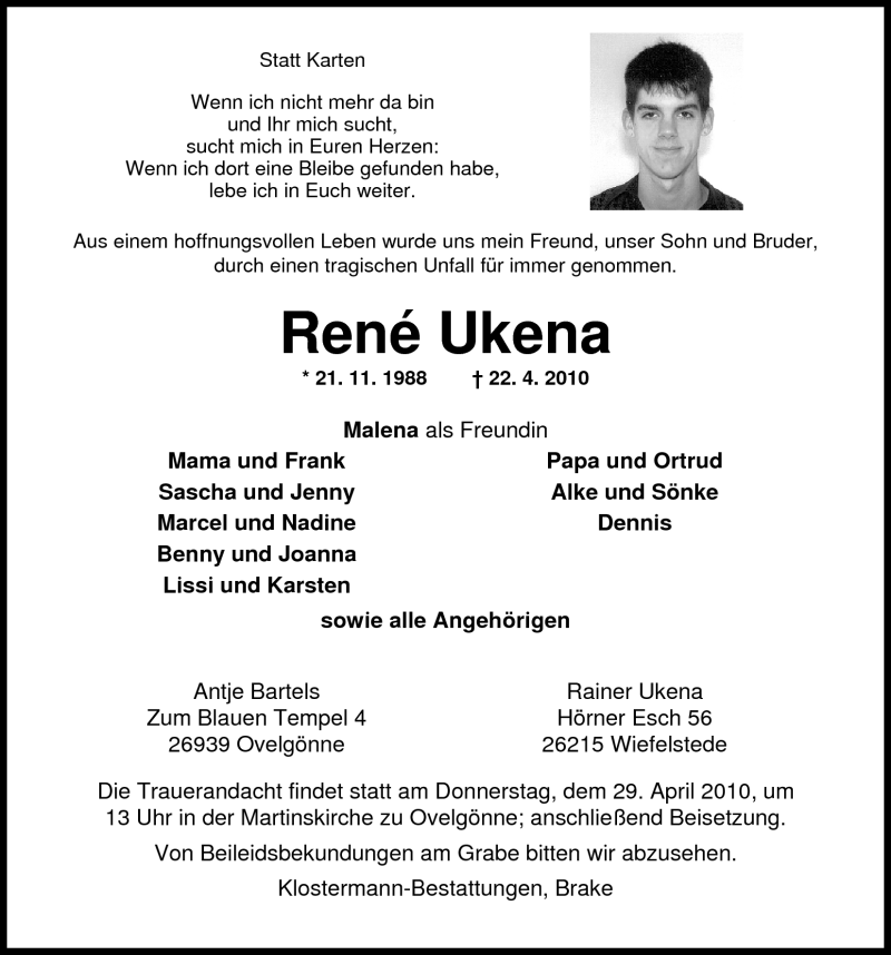  Traueranzeige für René Ukena vom 27.04.2010 aus Nordwest-Zeitung