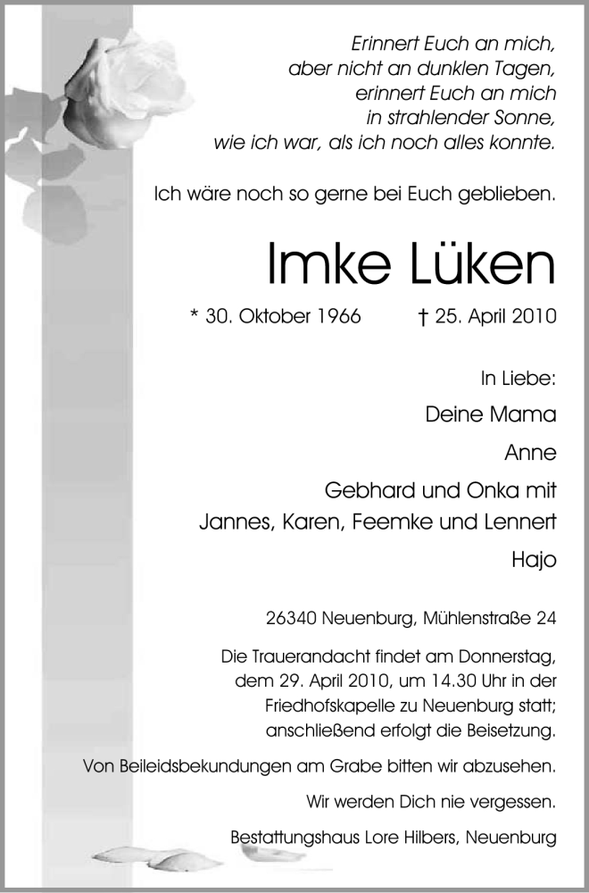  Traueranzeige für Imke Lüken vom 27.04.2010 aus Nordwest-Zeitung