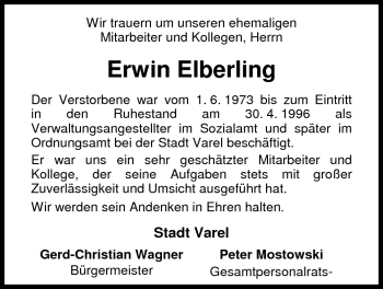 Traueranzeige von Erwin Elberling von Nordwest-Zeitung