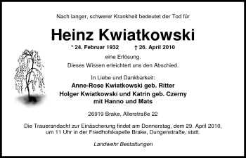 Traueranzeige von Heinz Kwiatkowski von Nordwest-Zeitung