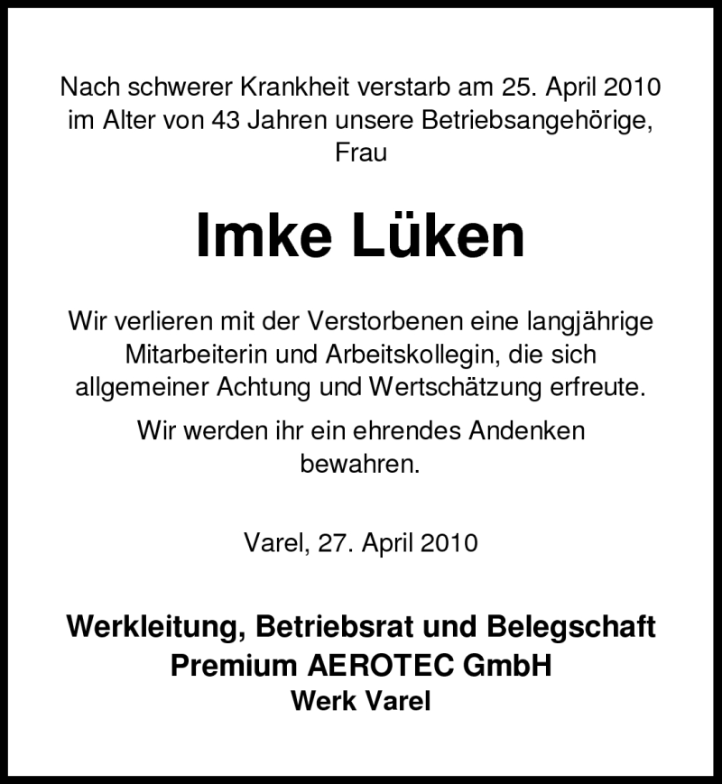  Traueranzeige für Imke Lüken vom 28.04.2010 aus Nordwest-Zeitung