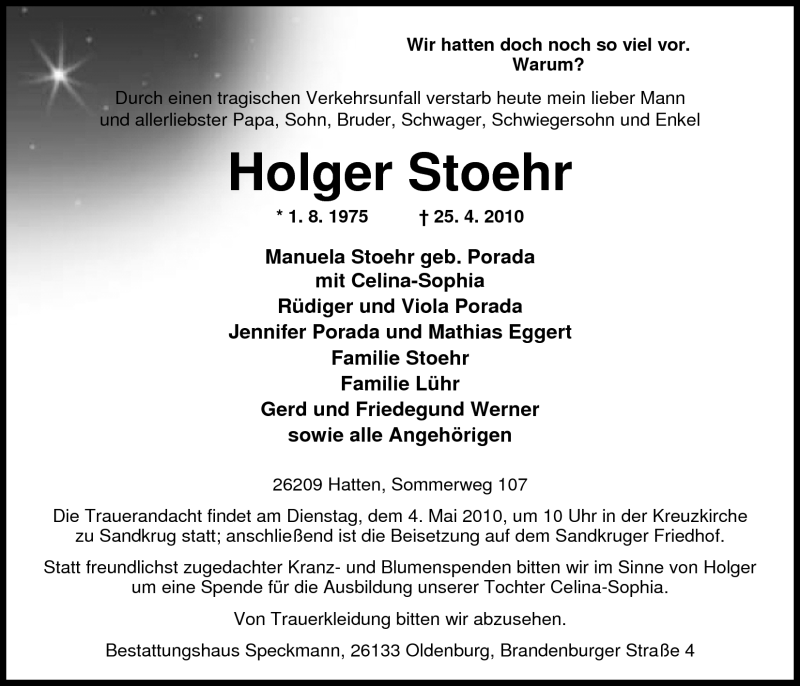  Traueranzeige für Holger Stoehr vom 28.04.2010 aus Nordwest-Zeitung
