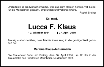 Traueranzeige von Dr. med. Lucca F. Klaus von Nordwest-Zeitung