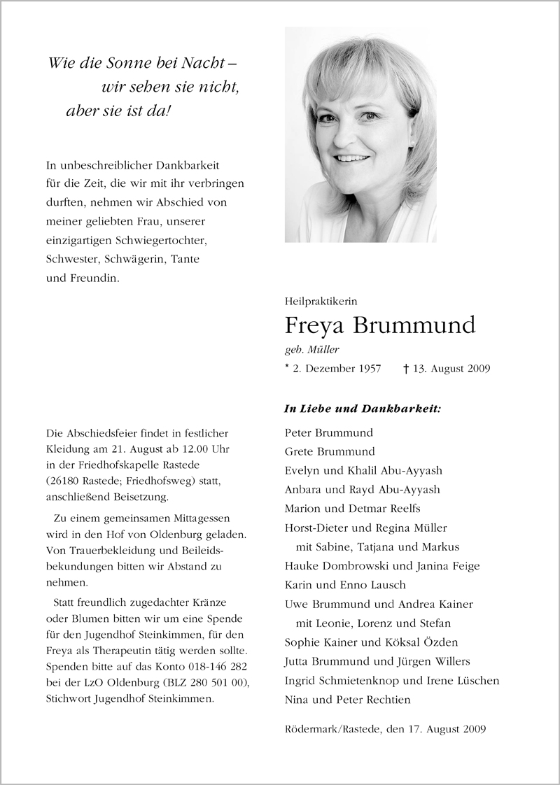  Traueranzeige für Freya Brummund vom 18.08.2009 aus Nordwest-Zeitung