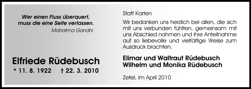  Traueranzeige für Elfriede Rüdebusch vom 29.04.2010 aus Nordwest-Zeitung