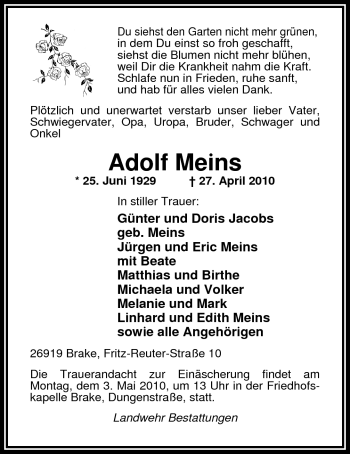 Traueranzeige von Adolf Meins von Nordwest-Zeitung