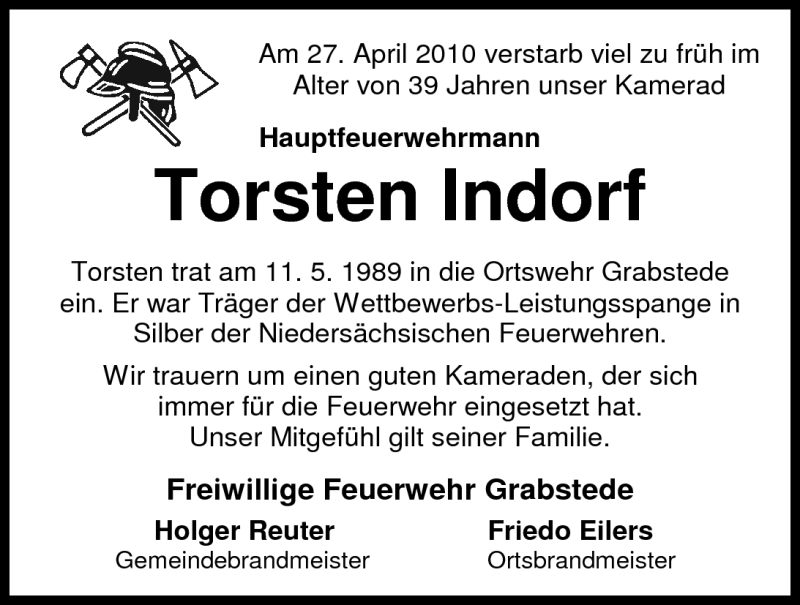  Traueranzeige für Torsten Indorf vom 29.04.2010 aus Nordwest-Zeitung