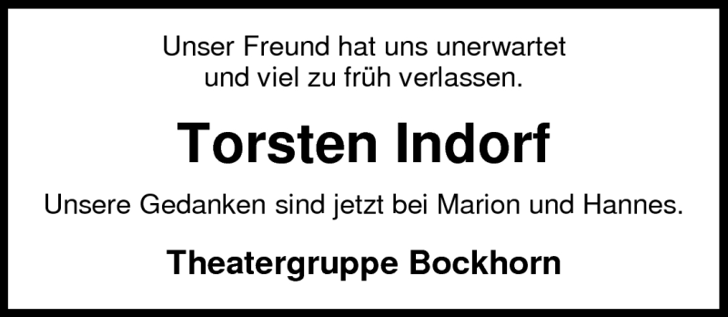  Traueranzeige für Torsten Indorf vom 29.04.2010 aus Nordwest-Zeitung