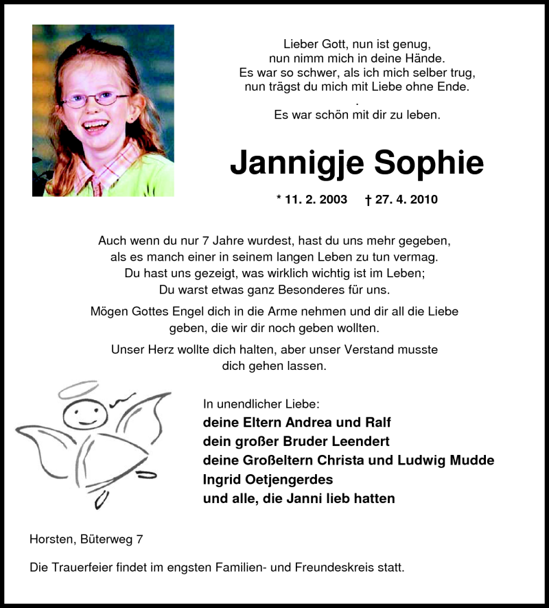  Traueranzeige für Jannigje Sophie Mudde vom 28.04.2010 aus Nordwest-Zeitung
