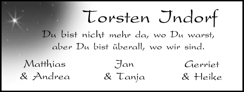  Traueranzeige für Torsten Indorf vom 30.04.2010 aus Nordwest-Zeitung