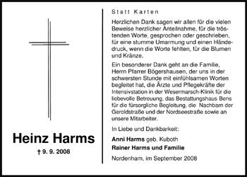 Traueranzeige von Heinz Harms von Nordwest-Zeitung