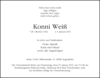 Traueranzeige von Konrad (Konni) Weiß von Nordwest-Zeitung