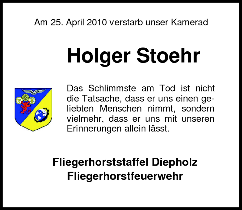  Traueranzeige für Holger Stoehr vom 30.04.2010 aus Nordwest-Zeitung