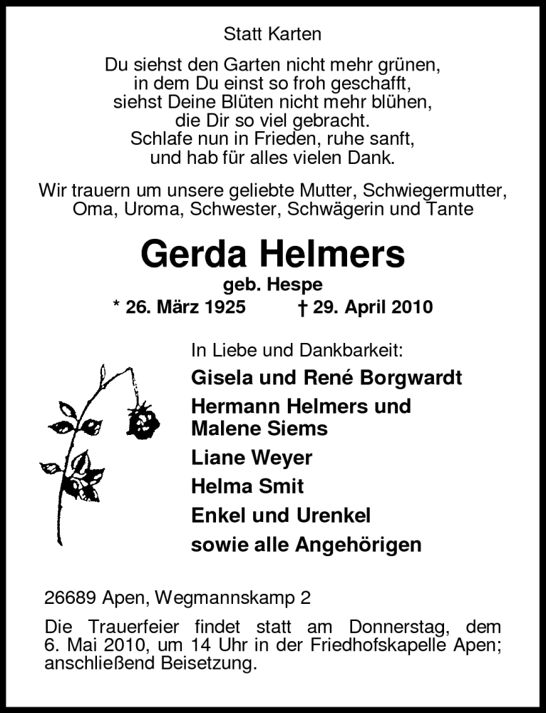  Traueranzeige für Gerda Helmers vom 01.05.2010 aus Nordwest-Zeitung