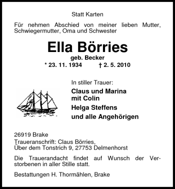 Traueranzeige von Ella Börries von Nordwest-Zeitung