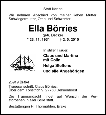 Traueranzeige von Ella Börries von Nordwest-Zeitung